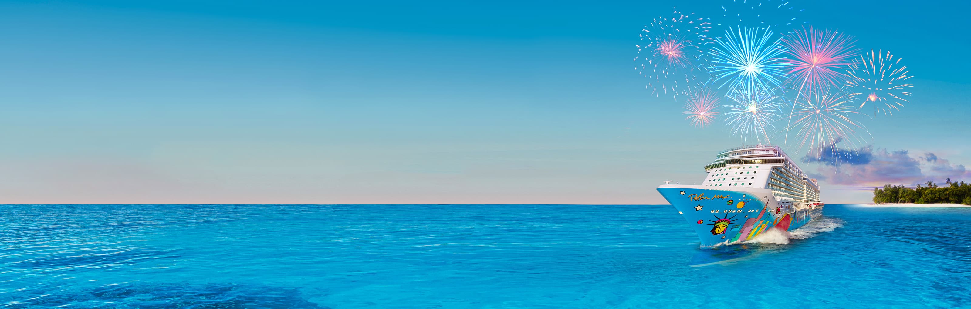 Navio de cruzeiro em oceano azul e ao fundo vista de ilha privativa com fogos de artifício