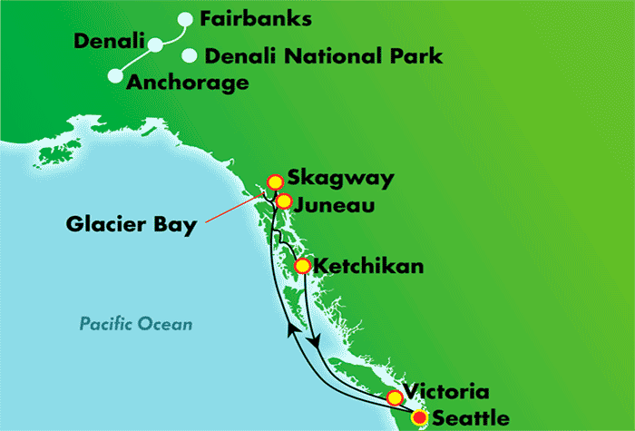 Explora Denali - Mapa del paquete terrestre "Cruisetours" hacia el sur