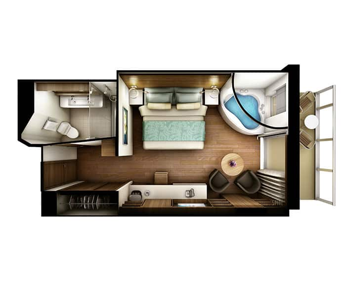 ノルウェージャンクルーズライン　ザ・ヘブン　スパスイート　フロアプラン　The Haven's Spa Suite with Balcony Floor Plan on Norwegian Escape