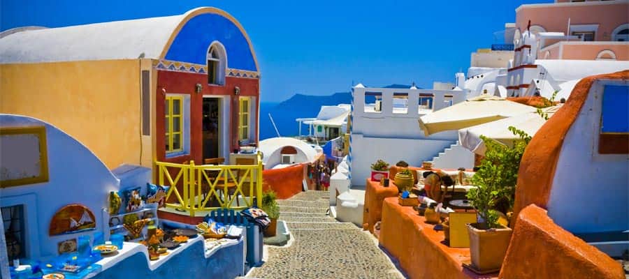 Colourful streets are the norm in Santorini