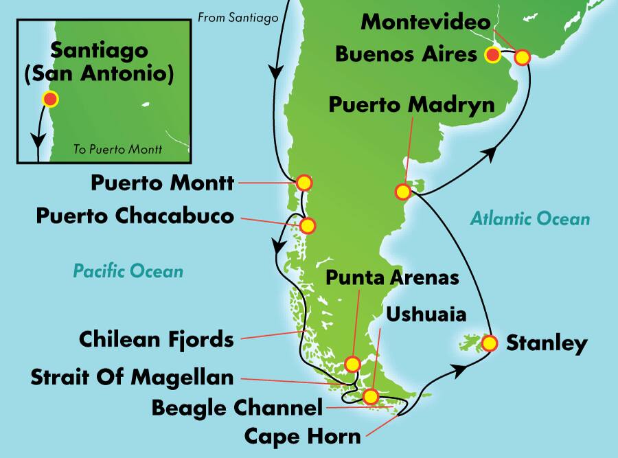 14 Tage Südamerika ab Santiago (San Antonio, in Richtung Osten) 14 Tage Südamerika ab Santiago (San Antonio, in Richtung Osten)