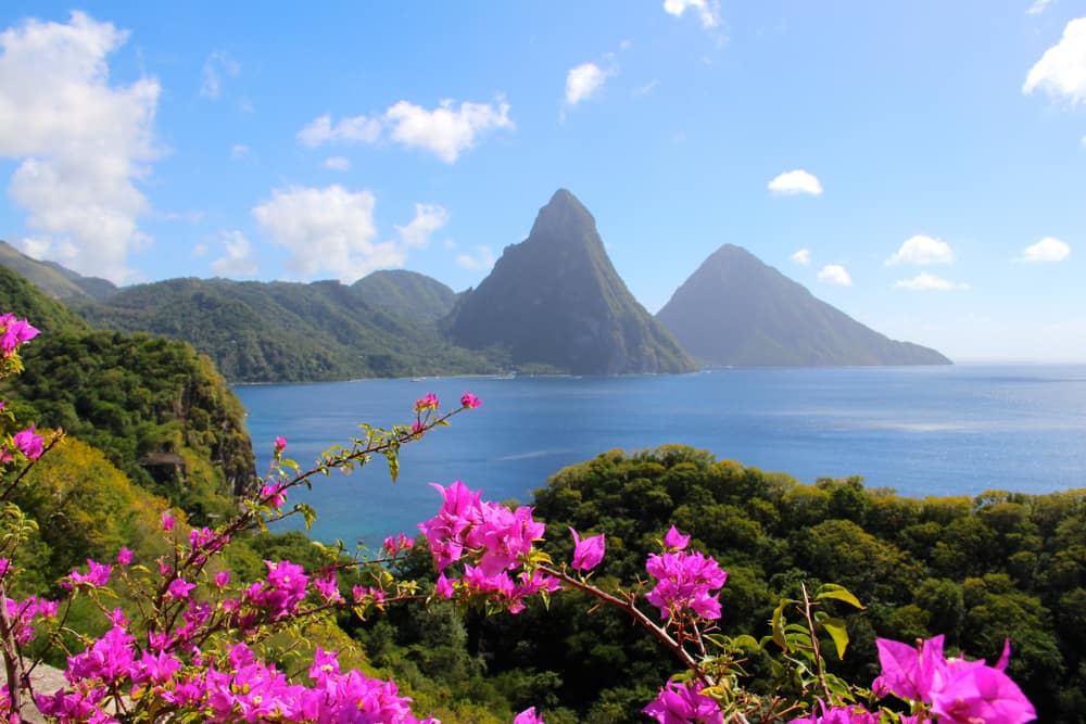 The pitons in St. Lucia as seen from Jade Mountain Resort