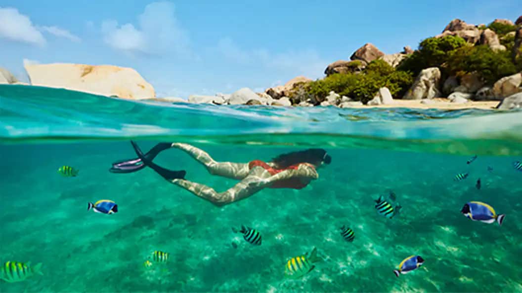 Girl snorkelling under water on one of the beautiful islands of The Caribbean during her cruise